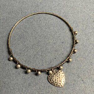 Heart Charm Bangle Bracelet 7 In Dotted Silver Beaded Fancy Retro Boho Vintage